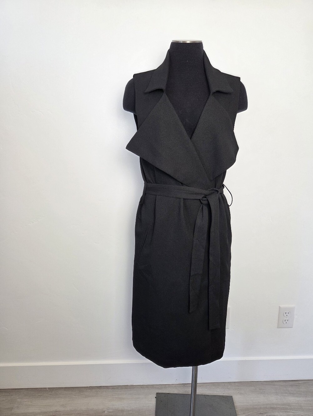 Swoon Trench Coat Dress Midi Black Waist Tie Agent Detective Chic Preppy Large